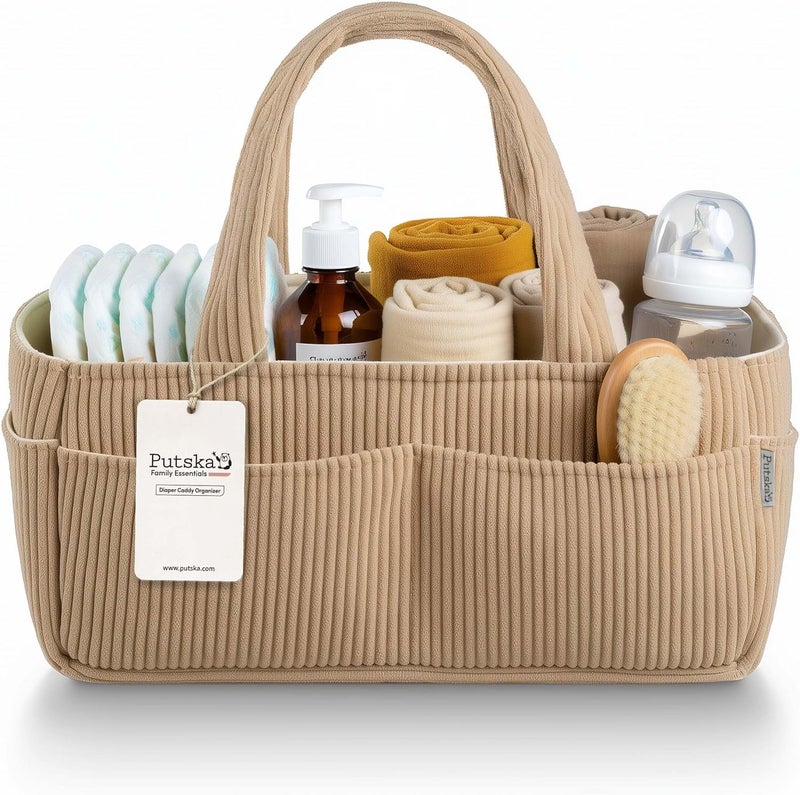 Putska Baby Diaper Caddy Organizer for Changing Table – Stylish Nursery Storage Basket, Newborn Essentials, Baby Shower Gifts and Registry Must-Haves for Boy or Girl, Car Diaper Caddy, Corduroy Mocha - Image 1